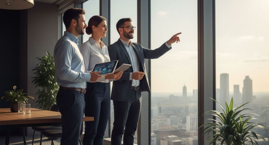 business people standing together looking outside corporate window