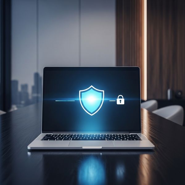 A laptop with a security symbol representing cybersecurity for financial services advisors.