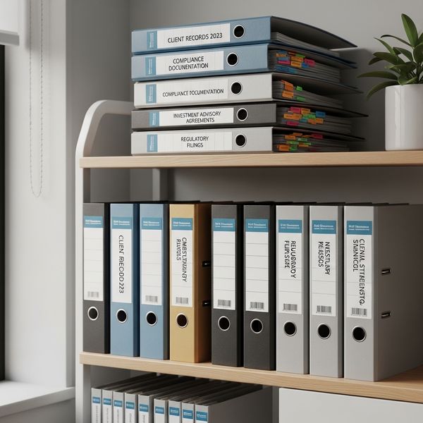 Organized office binders representing professional RIA record-keeping systems.