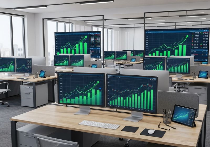 Modern financial office workspace with growth charts and technology.