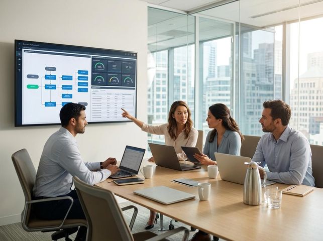 Business team discussing data on a large screen in a modern meeting room