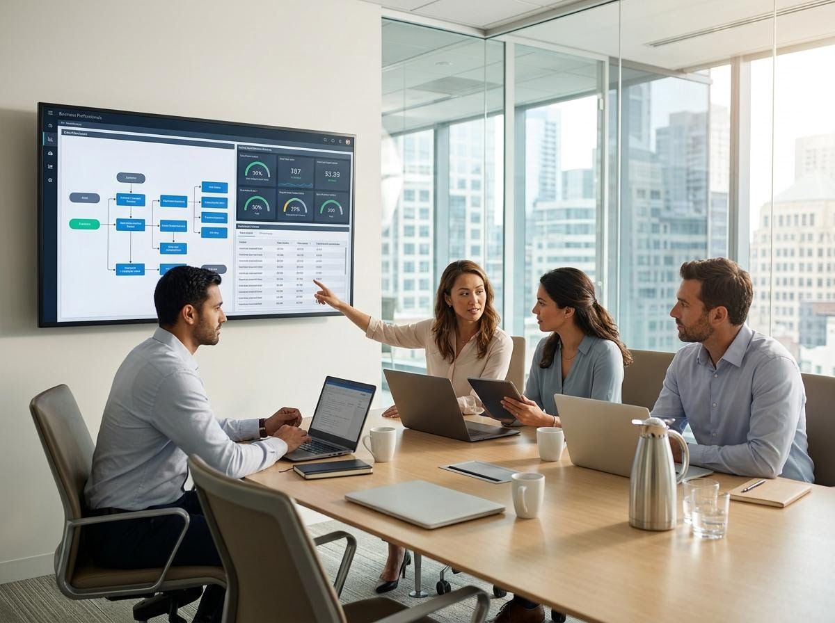 Business team discussing data on a large screen in a modern meeting room