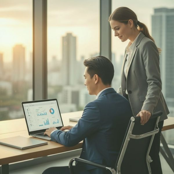 two business professionals working on a laptop