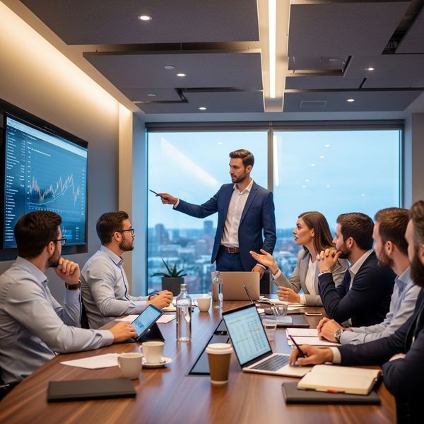 A collaborative team of financial professionals in a modern meeting room.