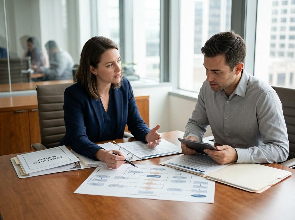 Business professionals discussing a flowchart in an office