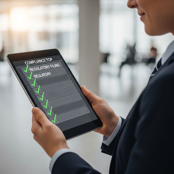 Professional holding a tablet with a checklist representing successful regulatory filings.