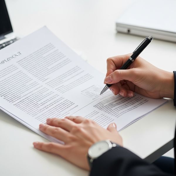 Close-up of a professional reviewing compliance policy documentation.