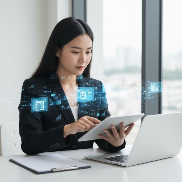 woman working on laptop and tablet with technology icons overlaid woman working on laptop and tablet with technology icons overlaid