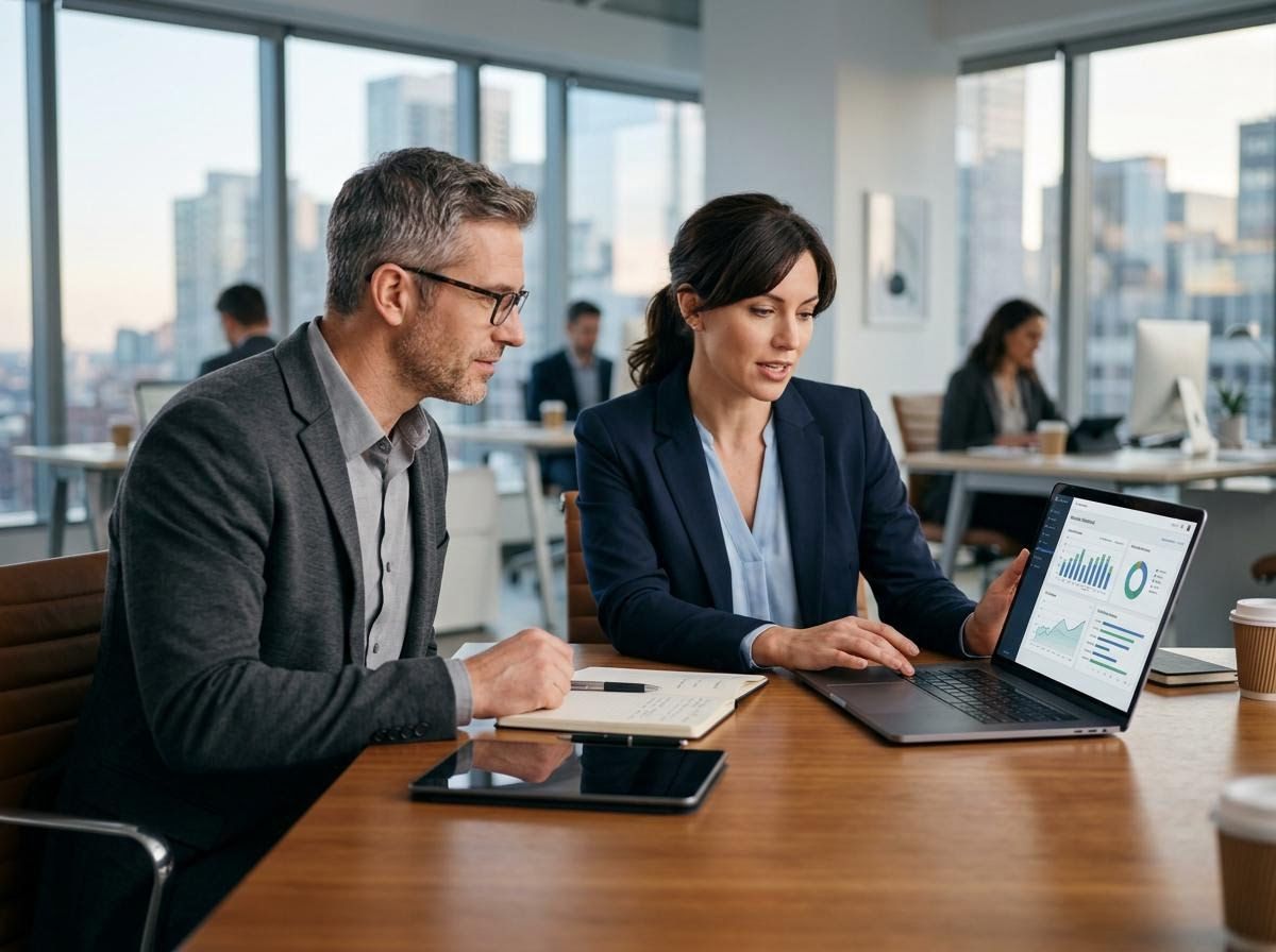 Two Business Professionals Reviewing Data on Laptop