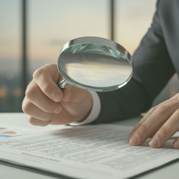 someone holding a magnifying glass looking at documents