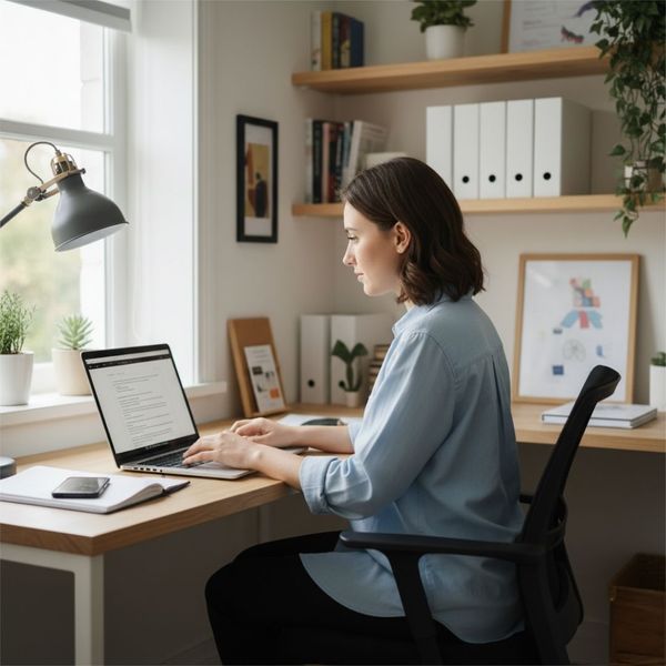 woman in home office looking over report woman in home office looking over report