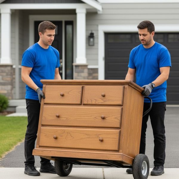 Two movers using a dolly to safely move a large piece of furniture.