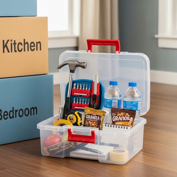 A prepared "Open First" moving day essentials kit containing tools, water, and snacks.