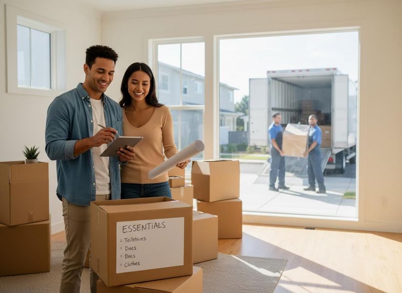 Happy couple reviewing checklist in new home with moving boxes