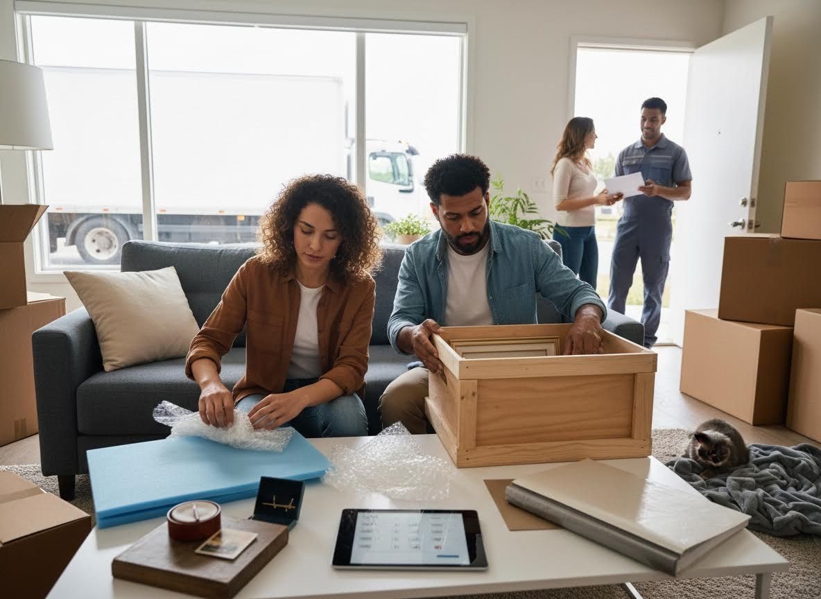 Couple packing belongings in their new home on moving day