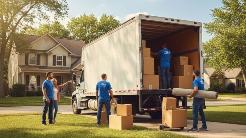 A moving truck being loaded with boxes and furniture on a sunny day.