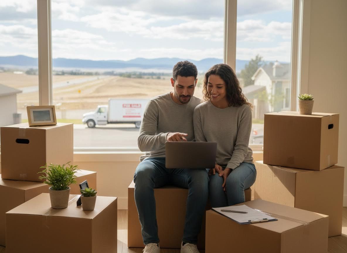 Couple using a laptop in their new home surrounded by moving boxes