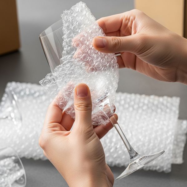 Fragile glassware being wrapped in protective bubble wrap for safe transport.