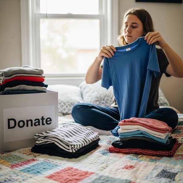 A person is sorting clothes on a bed into two distinct piles, one labeled 'Donate'