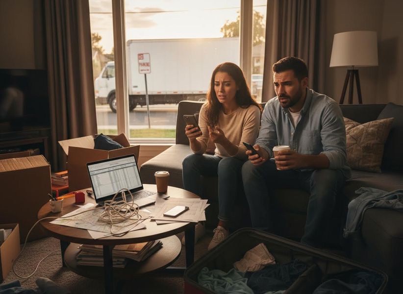 Distressed couple planning a move