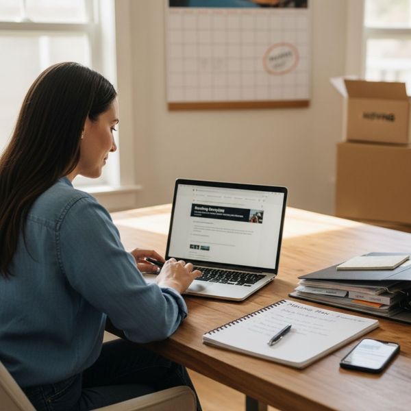 A person creating a moving plan with a laptop and a notebook.