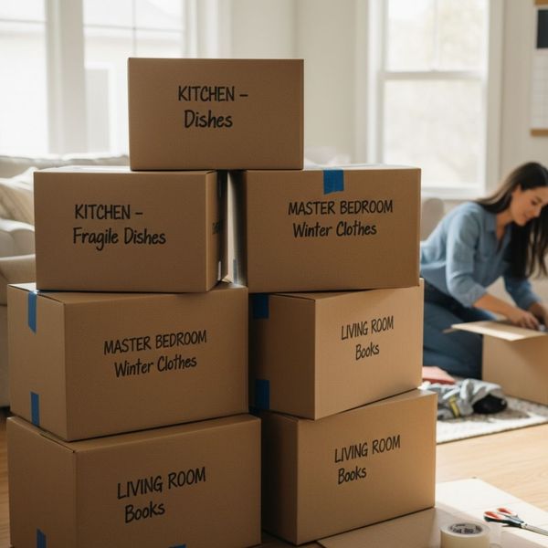 A stack of labeled moving boxes ready for a move.