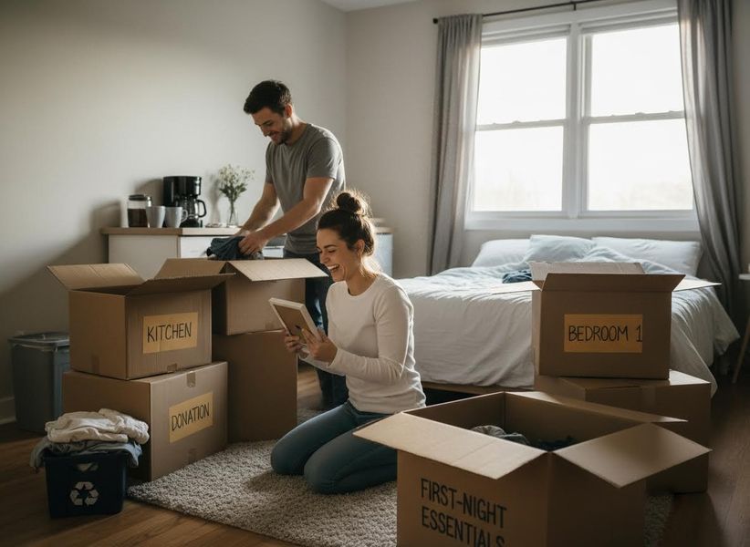 Happy couple unpacking moving boxes in their new home