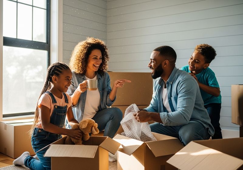 A happy family laughing while unpacking boxes in a sunlit new home.