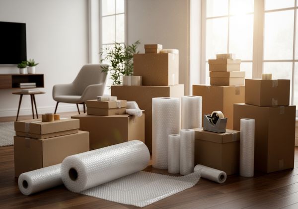 Professional setup of high-quality moving boxes, packing tape, and bubble wrap in a bright living room.