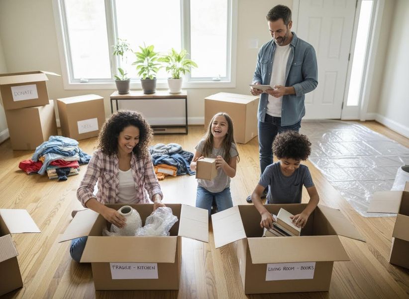 Happy Family Packing Moving Boxes in a New Home