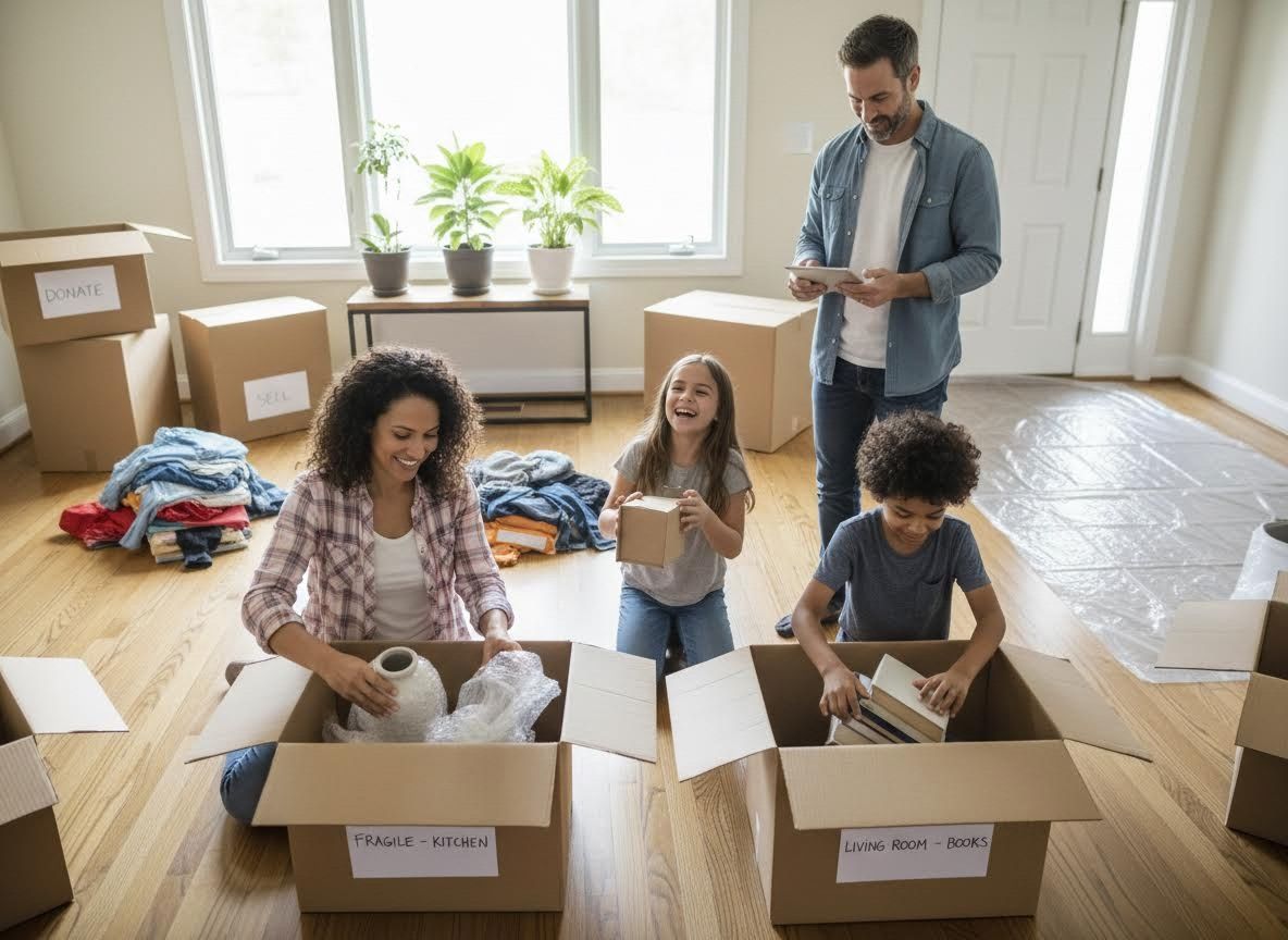 Happy Family Packing Moving Boxes in a New Home