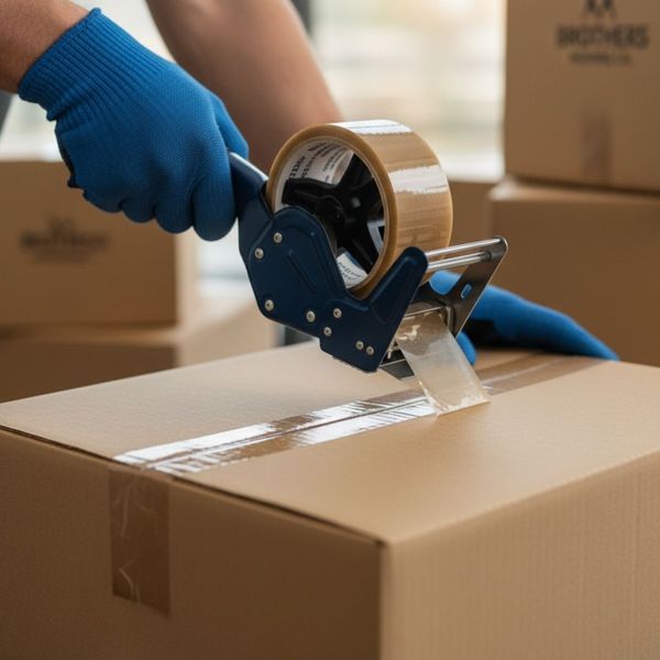 A mover's hands expertly taping a cardboard moving box shut.