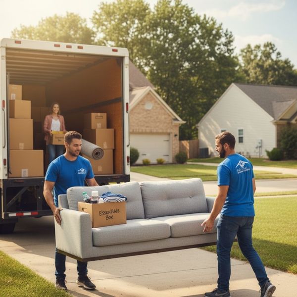 Professional movers carefully carrying a sofa.