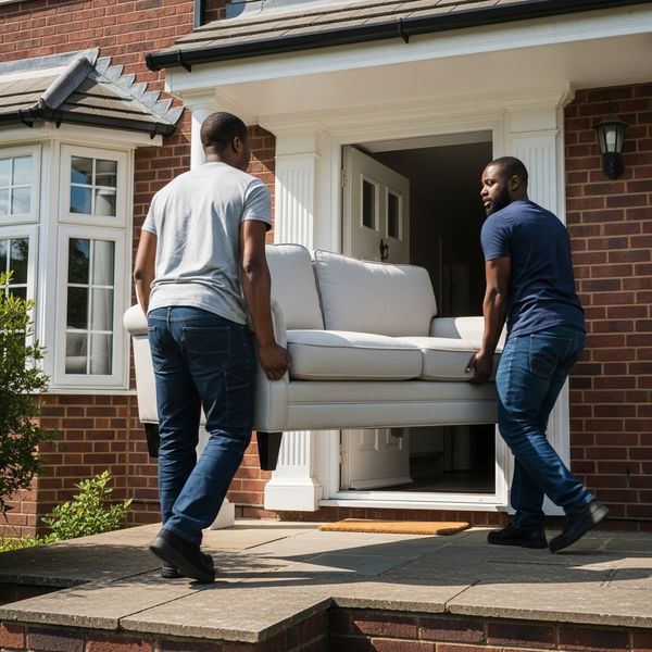 image of two nondescript black man from a moving company carrying a nice couch out of a house