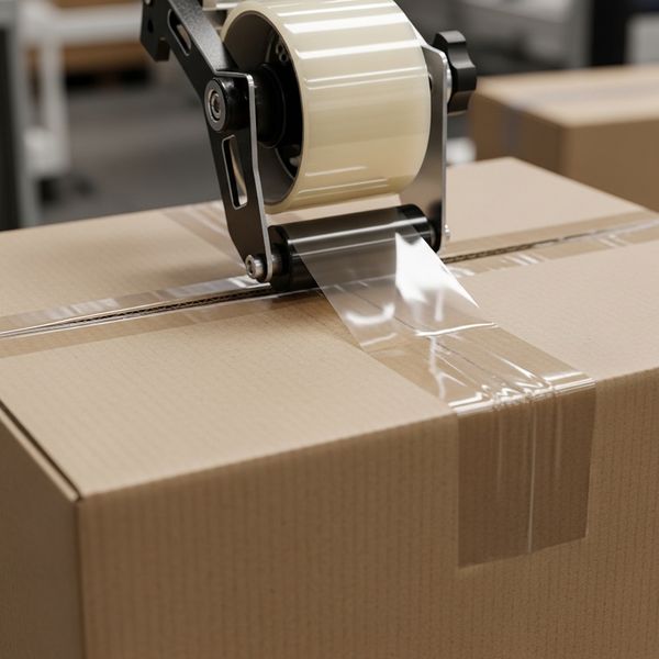 Close-up of a sturdy cardboard box being secured with professional clear packing tape machine.