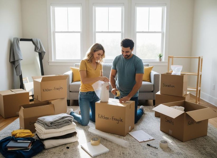 Young Couple Packing Moving Boxes