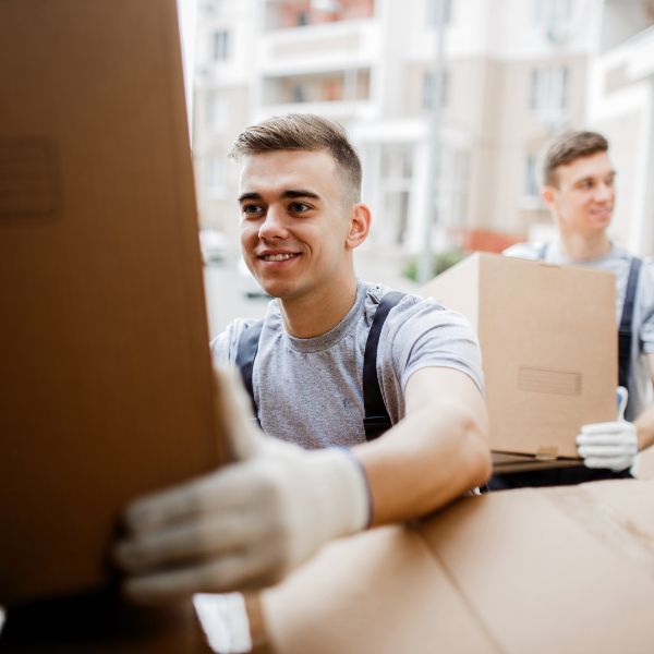 Movers unloading boxes from truck