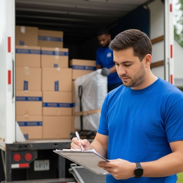  A moving company foreman reviews an inventory checklist on a clipboard.