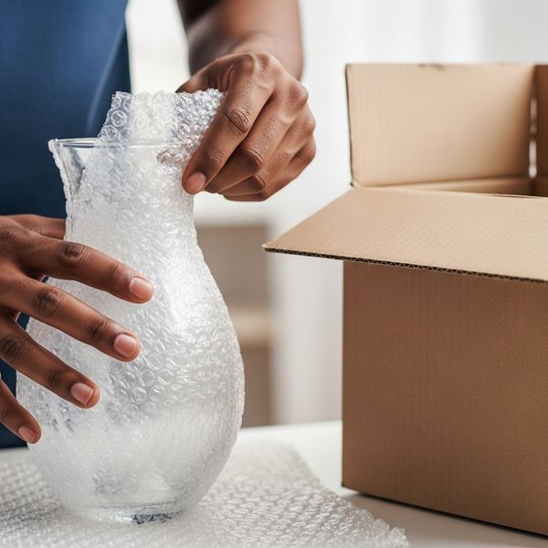 Close-up of a black man's hands wrapping a glass vase in bubble wrap with a packing box next to it