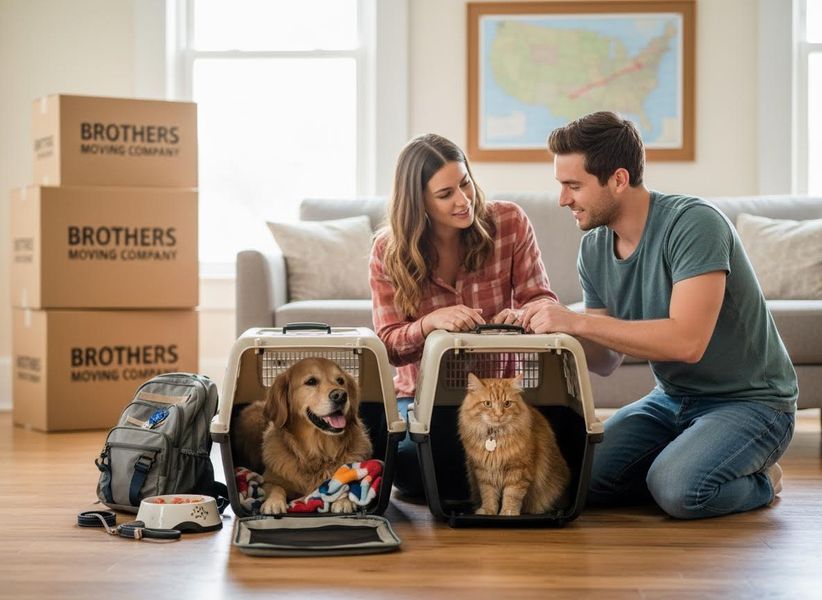 A happy couple kneels, smiling at their golden retriever and fluffy orange cat in pet carriers. Moving boxes are stacked nearby. Couple and Pets Ready for Moving Day