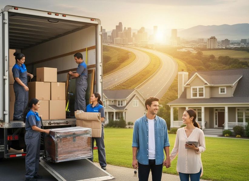 A smiling couple watches professional movers unload items from a truck at their new house, with a city and highway in the sunny background. Moving day for a happy couple at their new home