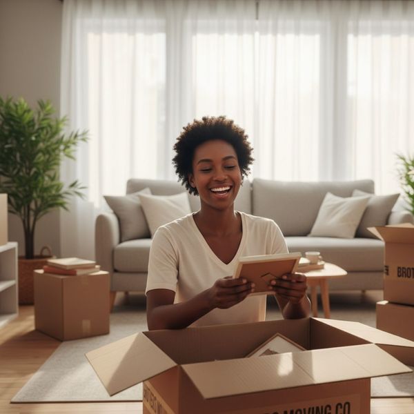 A person happily unpacking a box in their new home, looking stress-free.