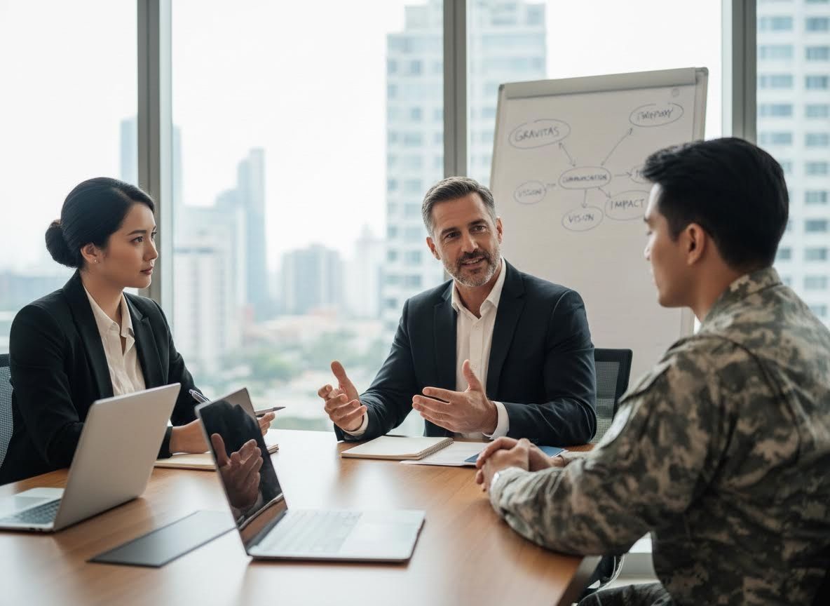 Professional meeting with military personnel and business executives