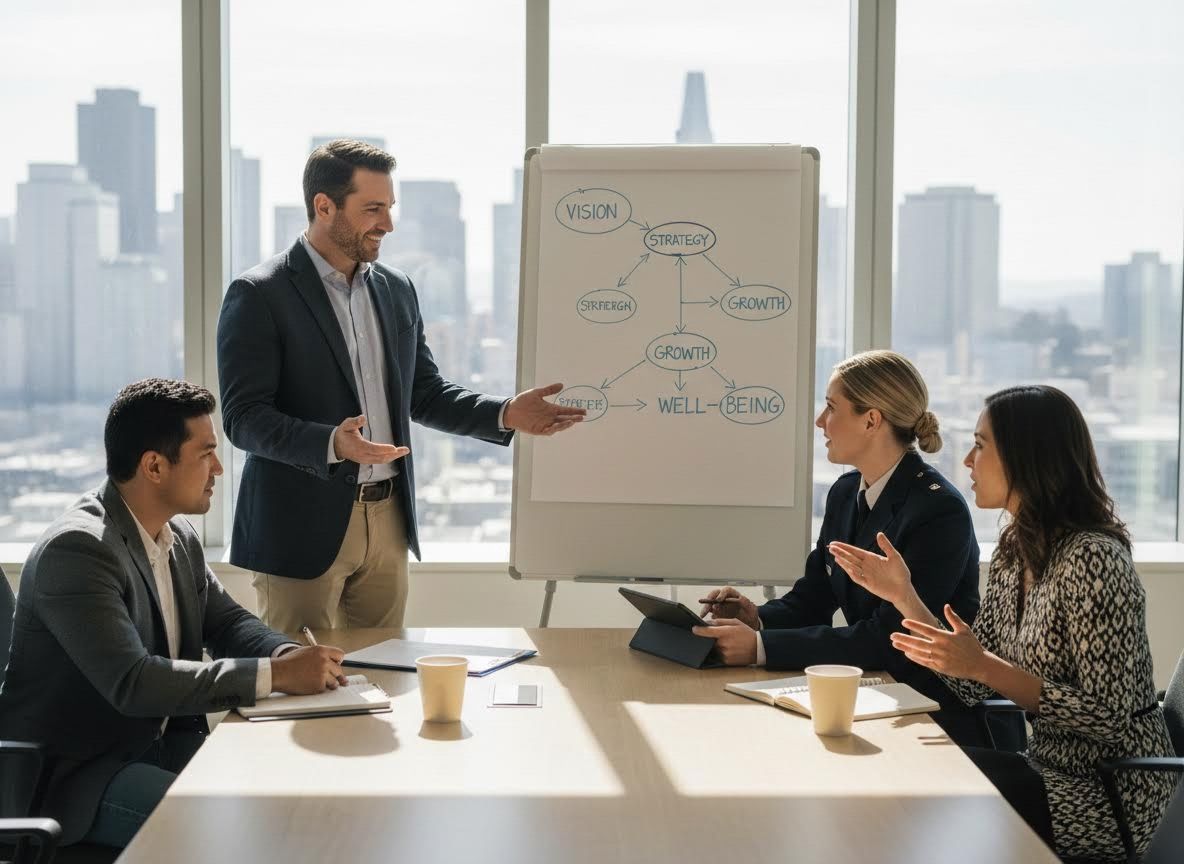 Business professionals discussing strategy during a meeting