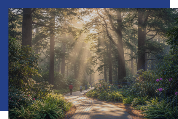 Sun shining on a walking trail