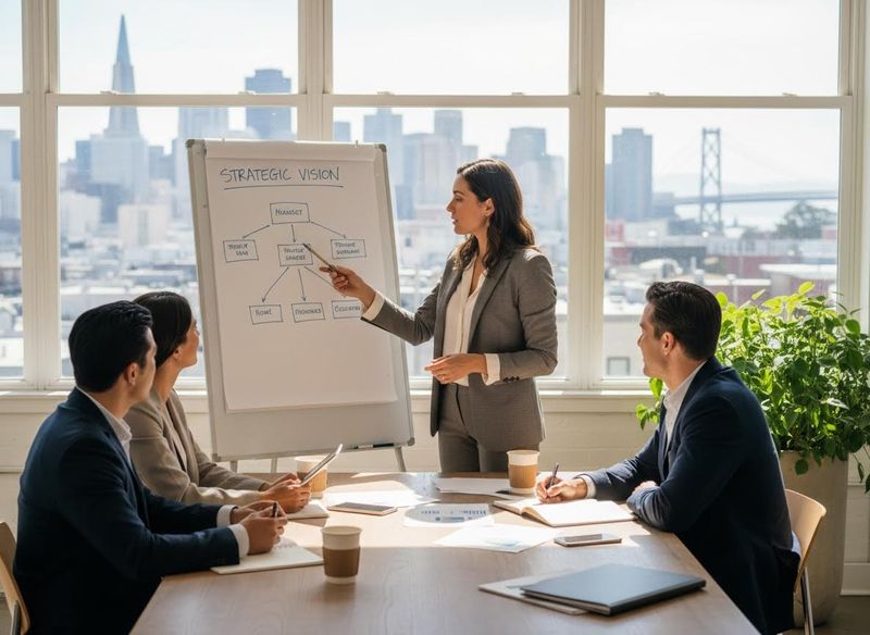 Business Professionals Discussing Strategic Vision in a Modern Office