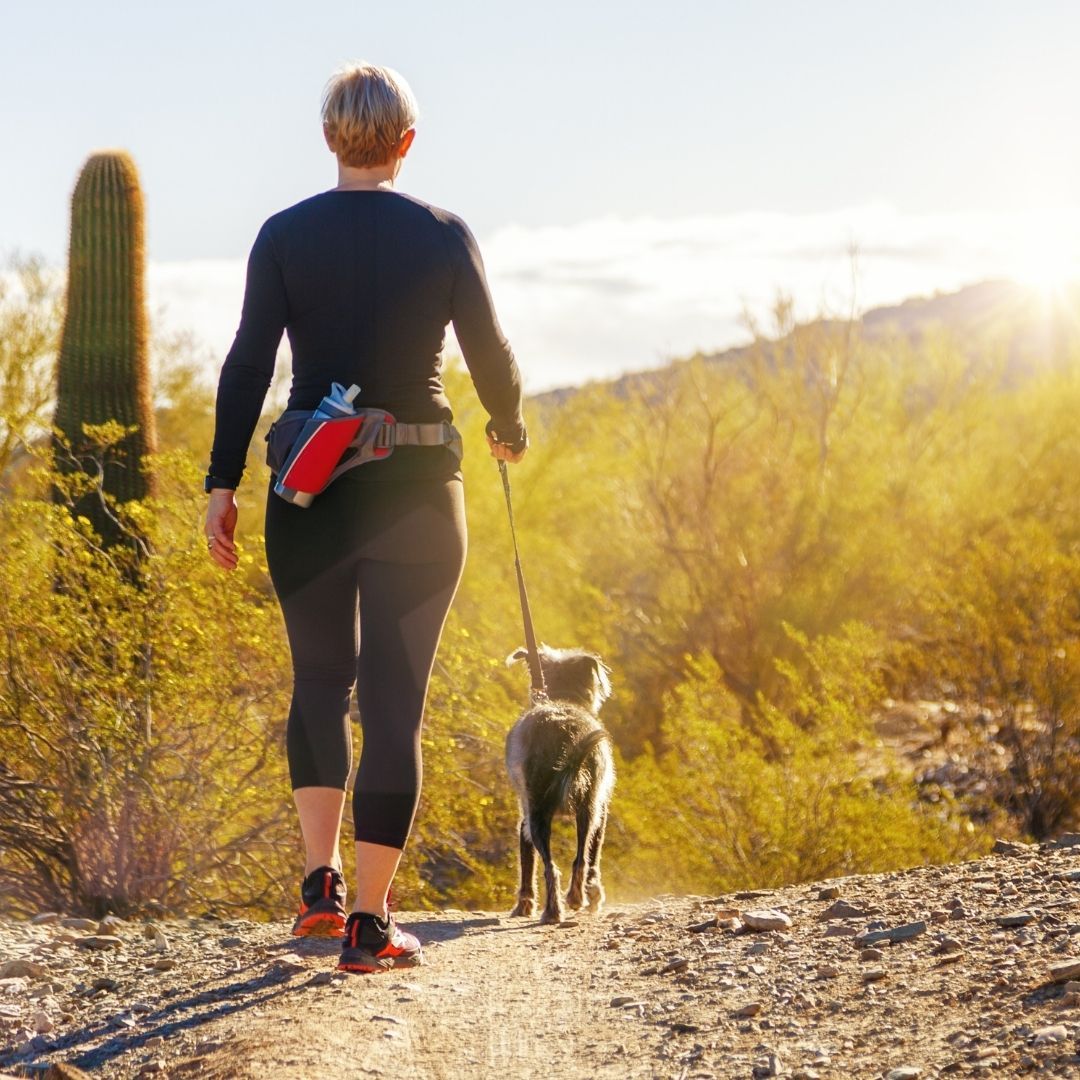 A woman walking her dog on a hiking trail in Arizona