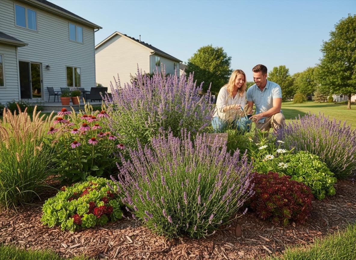 Couple Gardening in a Vibrant Suburban Flower Bed