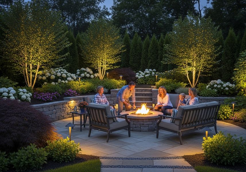 A family enjoys the evening around a stone fire pit in a beautifully landscaped backyard. Outdoor lighting illuminates the trees, shrubs, and stone pathway, creating a warm and inviting ambiance. Family Gathering Around Outdoor Fire Pit at Dusk
