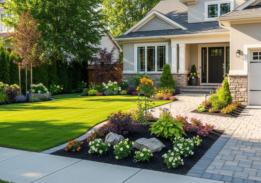 A well-maintained house with a lush green lawn, flower beds filled with colorful flowers, trimmed shrubs, and a stone pathway leading to the front door. Beautifully Landscaped Home